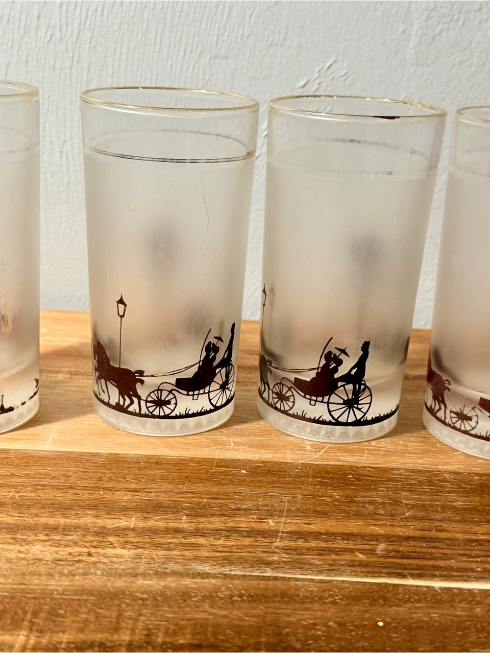 Vintage Frosted Highball Glasses with Black Silhouette Horse & Carriage Design - Picture 2 of 10